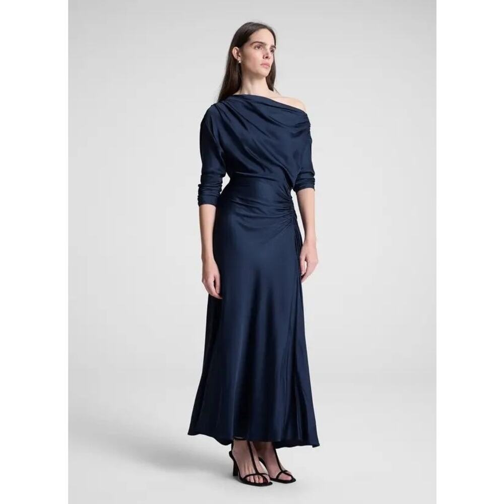 NWT A.L.C. Piper Dark Saphire One-Shoulder Neckline Satin Maxi Dress Size 00 - Picture 3 of 5
